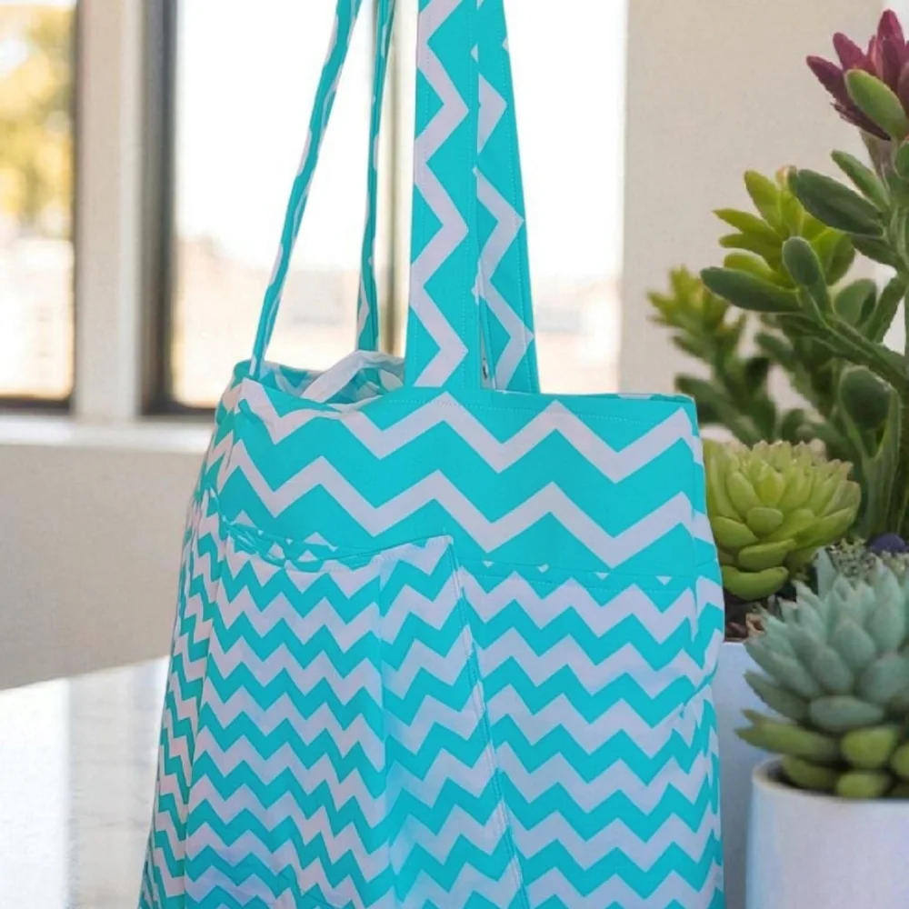 Blue and White Chevron Tote Bag with Wide Straps